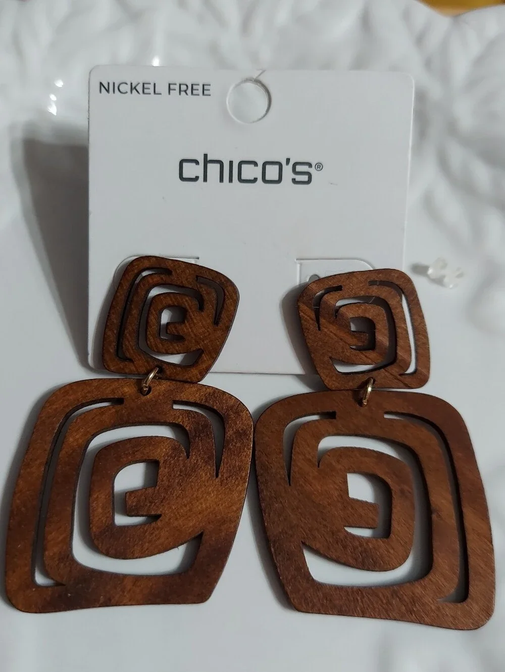 Chico's Elegant Brown Wood Geo Freeform Drop Earrings